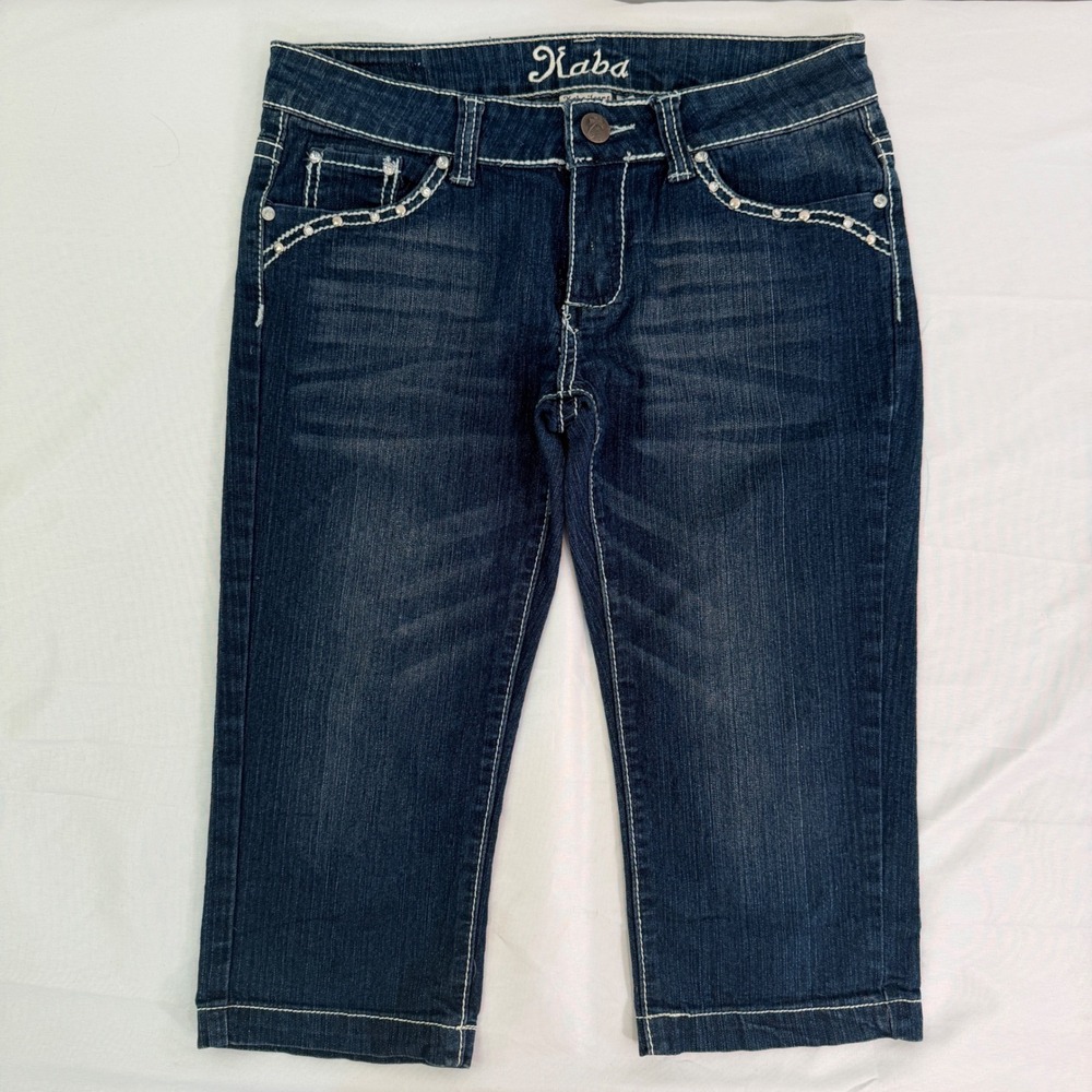 Kaba Jeans Womens Size 5 Dark Wash Embellished Rhinestone Capri Cropped Denim